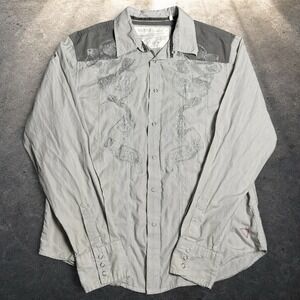 Guess Los Angeles Pinstripe Graphic Western Snap Shirt Grey Y2K Retro Size XL